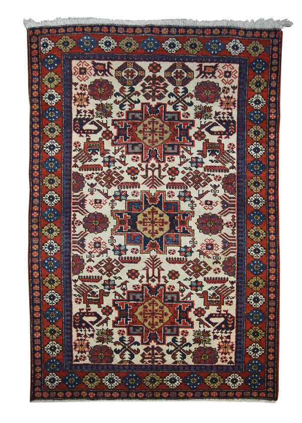 A27771 Persian Rug Gharajeh Handmade Area Tribal 3'6'' x 5'5'' -4x5- Whites Beige Red Blue Geometric Design