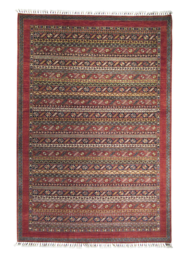 A27827 Oriental Rug Pakistani Handmade Area Tribal 6'1'' x 8'11'' -6x9- Multi-color Red Shawl Geometric Design