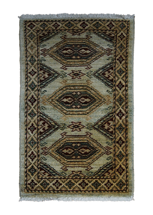 A27863 Oriental Rug Pakistani Handmade Area Transitional 1'11'' x 3'1'' -2x3- Green Whites Beige Antique Washed Geometric Design