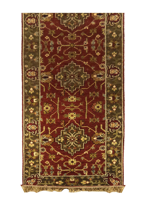 A27871 Oriental Rug Indian Handmade Runner Transitional 2'8'' x 10'1'' -3x10- Red Brown Yellow Gold Geometric Design