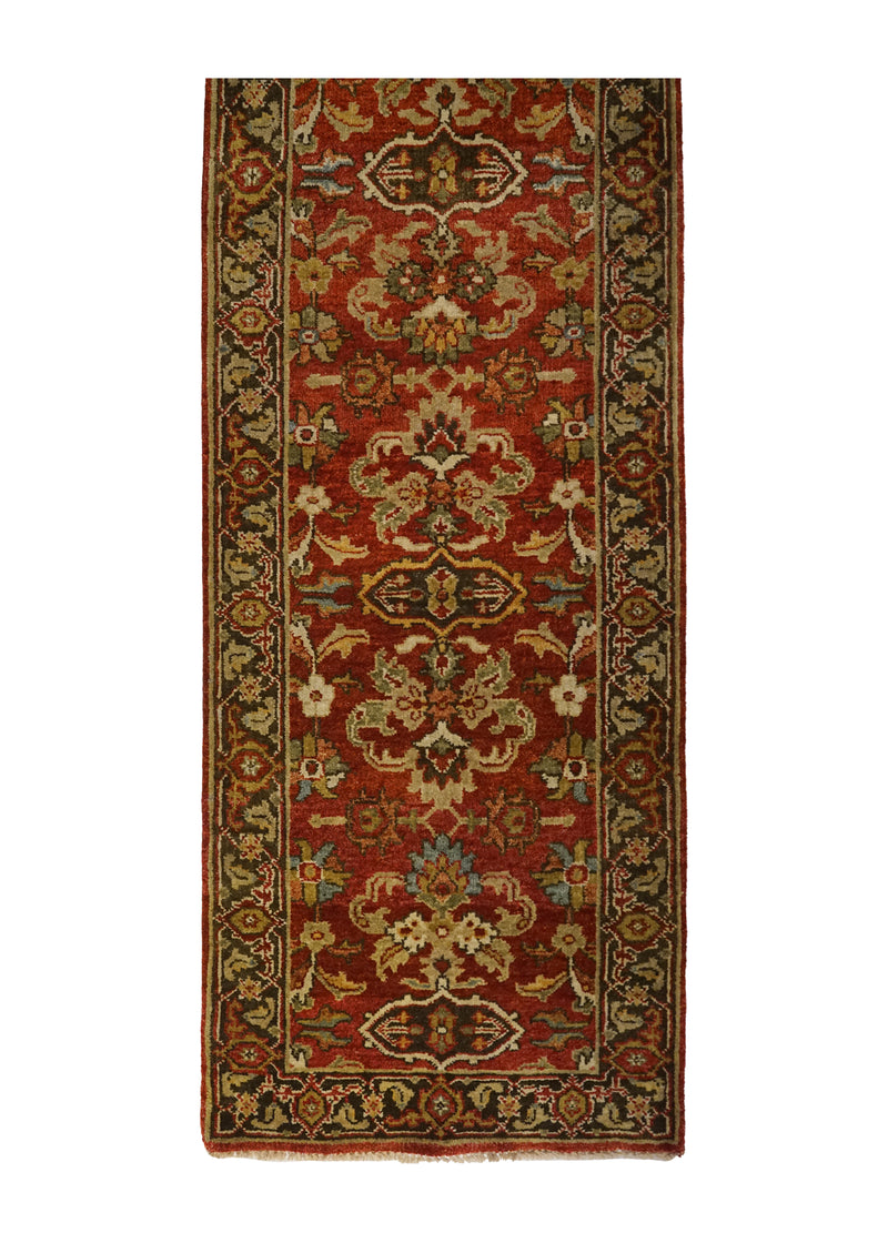 A27906 Oriental Rug Indian Handmade Runner Transitional 2'8'' x 12'0'' -3x12- Red Brown Geometric Design