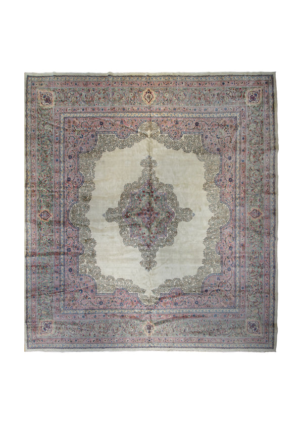 A28013 Persian Rug Kerman Handmade Square Antique Traditional 13'8'' x 14'10'' -14x15- Pink Whites Beige Open Field Floral Design