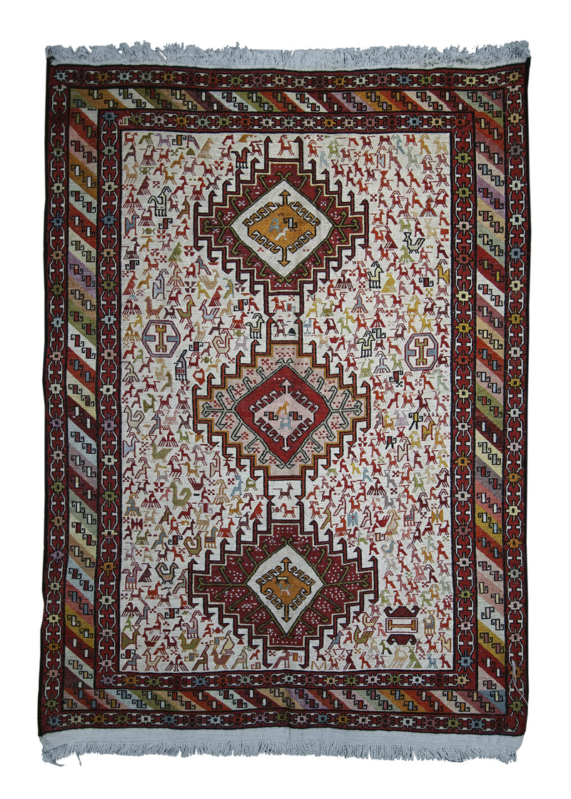 A28026 Persian Rug Azerbaijan Handmade Area Tribal 3'3'' x 4'6'' -3x5- Whites Beige Red Yellow Gold Geometric Design