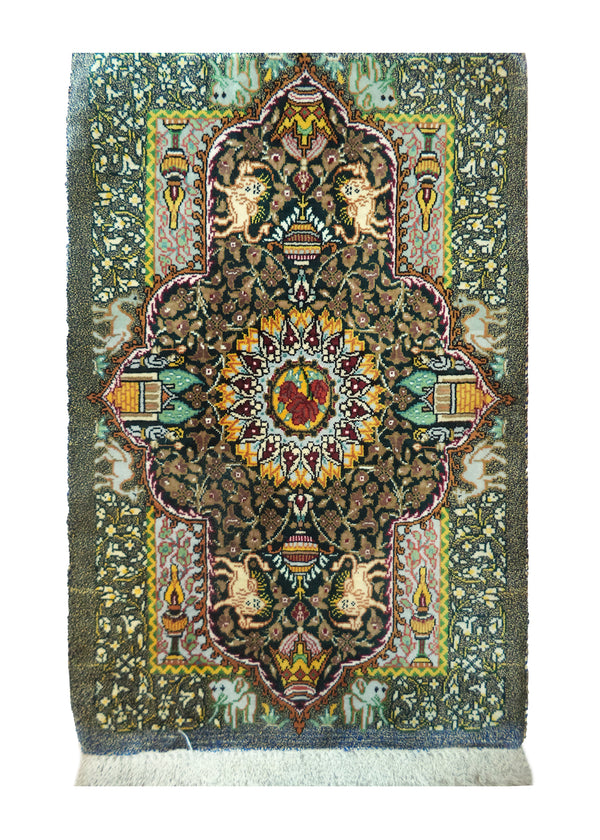 A28051 Persian Rug Qum Handmade Area Traditional 0'10'' x 1'10'' -1x2- Green Pictorial Design