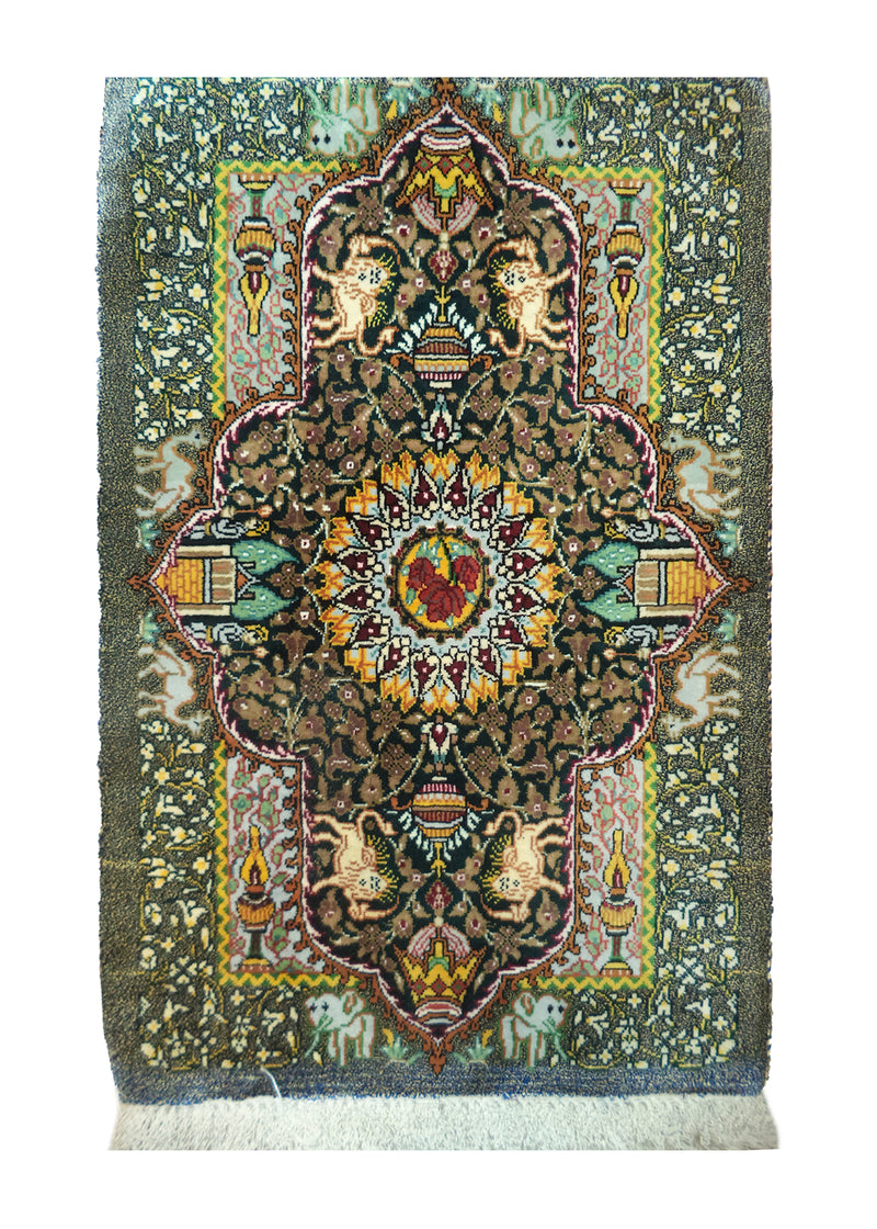 A28051 Persian Rug Qum Handmade Area Traditional 0'10'' x 1'10'' -1x2- Green Pictorial Design