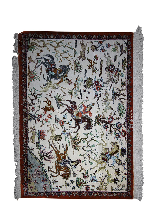 A28052 Persian Rug Qum Handmade Area Traditional 2'7'' x 3'10'' -3x4- Whites Beige Red Green Pictorial Hunting Scene Design
