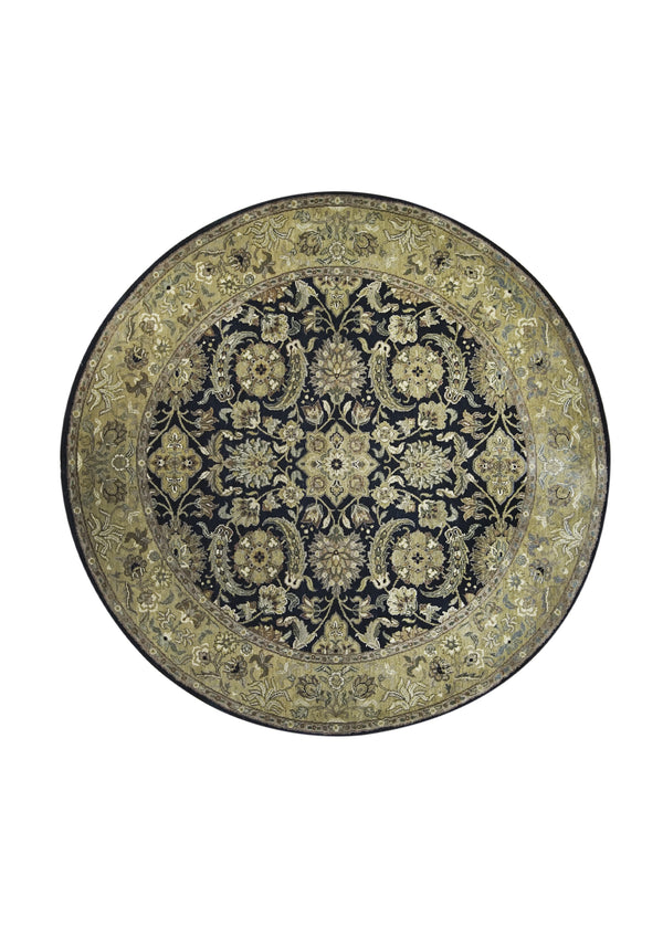 A28098 Oriental Rug Indian Handmade Round Transitional 6'2'' x 6'2'' -6x6- Black Yellow Gold Floral Design