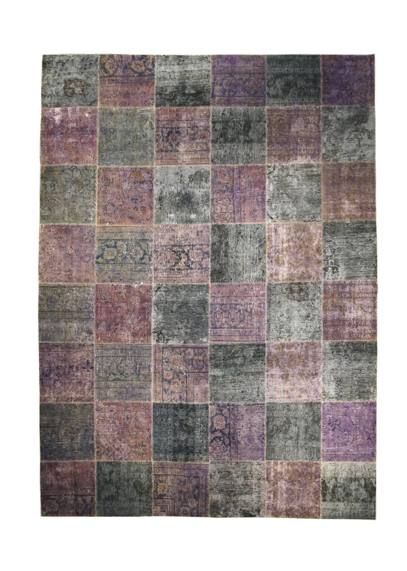 A28160 Persian Rug Tabriz Handmade Area Vintage Antique 8'9'' x 12'0'' -9x12- Green Purple Patchwork Geometric Design