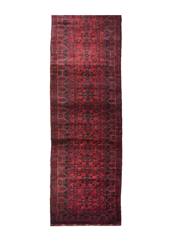 A28165 Oriental Rug Afghan Handmade Runner Tribal 2'7'' x 32'1'' -3x32- Red Khal Mohammadi Geometric Design