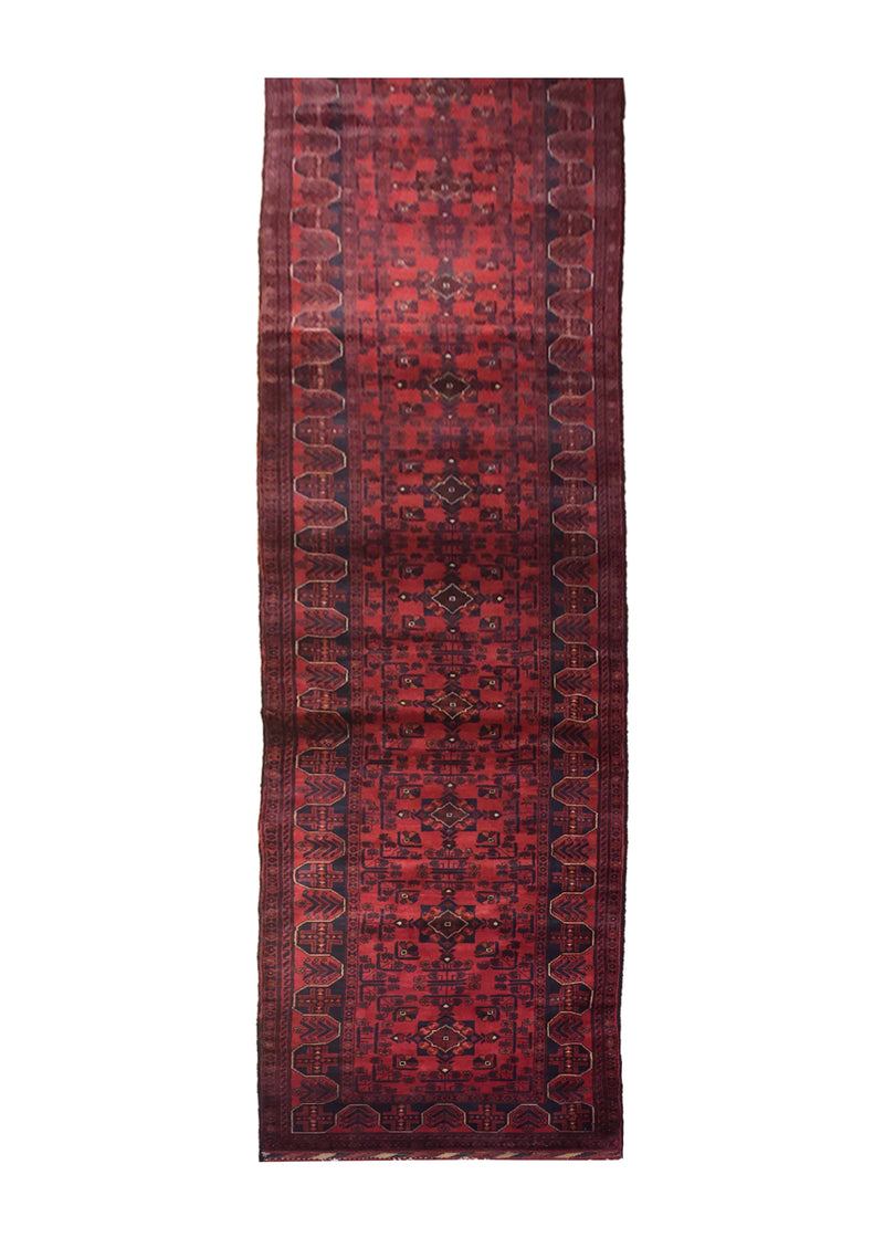 A28165 Oriental Rug Afghan Handmade Runner Tribal 2'7'' x 32'1'' -3x32- Red Khal Mohammadi Geometric Design