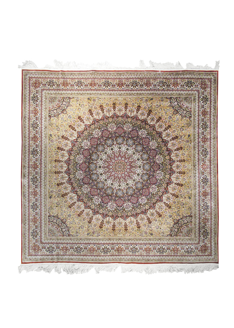 A28175 Oriental Rug Chinese Handmade Square Traditional 7'12'' x 8'2'' -8x8- Whites Beige Red Yellow Gold Qum Gonbad Dome Design