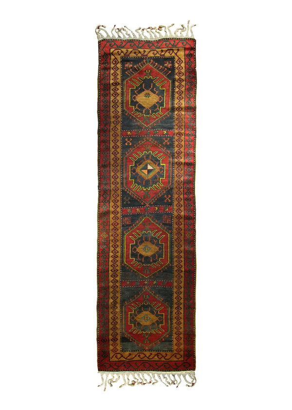 A28208 Oriental Rug Turkish Handmade Runner Tribal 3'5'' x 11'9'' -3x12- Gray Red Geometric Design