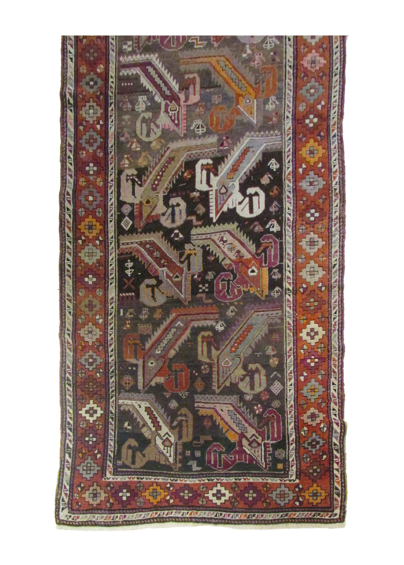 A28209 Caucasian Rug Shirvan Handmade Runner Tribal Antique 3'7'' x 9'0'' -4x9- Gray Orange Geometric Design