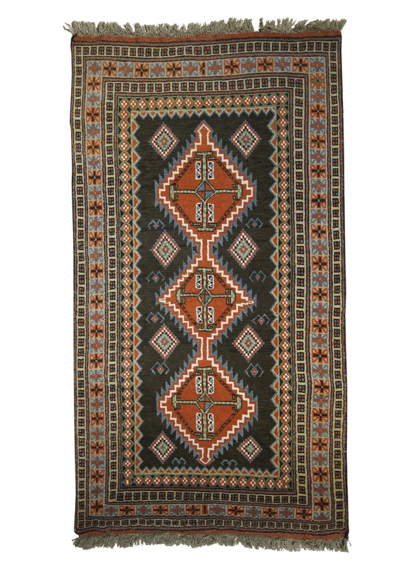 A28210 Oriental Rug Turkish Handmade Area Tribal 3'8'' x 6'8'' -4x7- Brown Green Geometric Design