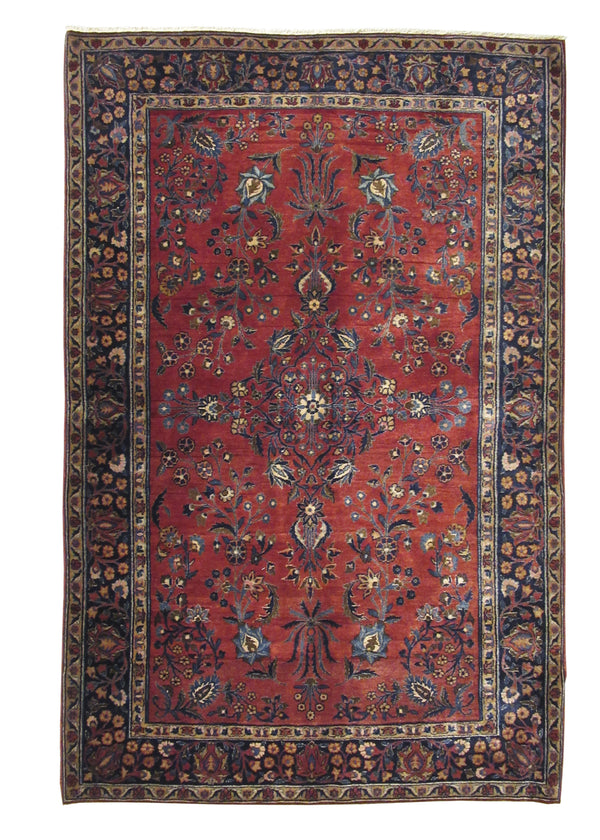 A28224 Persian Rug Kashan Handmade Area Traditional Antique 4'2'' x 6'7'' -4x7- Red Blue Floral Design