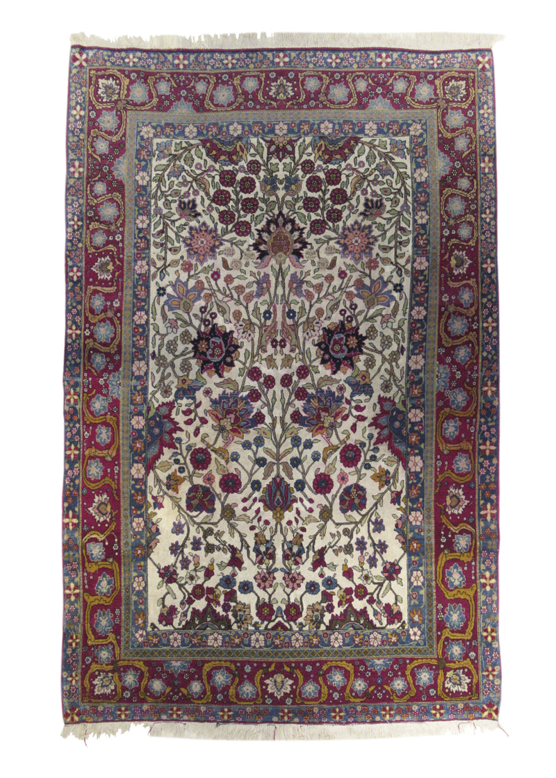 A28226 Persian Rug Tehran Handmade Area Traditional Antique 4'7'' x 7'3'' -5x7- Whites Beige Pink Tree of Life Animals Design
