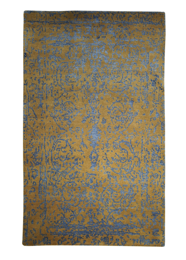 A28317 Oriental Rug Indian Handmade Area Modern 3'0'' x 5'0'' -3x5- Yellow Gold Blue Erased Abstract Design