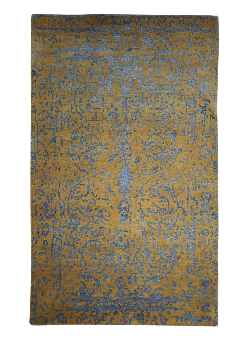 A28317 Oriental Rug Indian Handmade Area Modern 3'0'' x 5'0'' -3x5- Yellow Gold Blue Erased Abstract Design