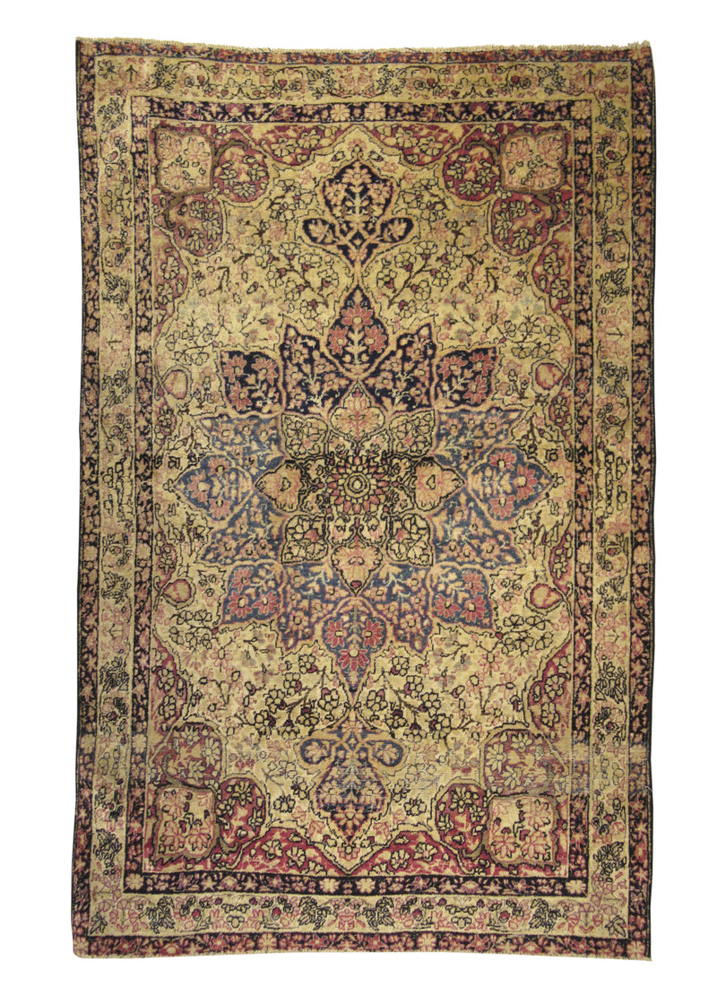 A28373 Persian Rug Lavar Kerman Handmade Area Traditional Antique 4'2'' x 6'6'' -4x7- Whites Beige Pink Floral Design