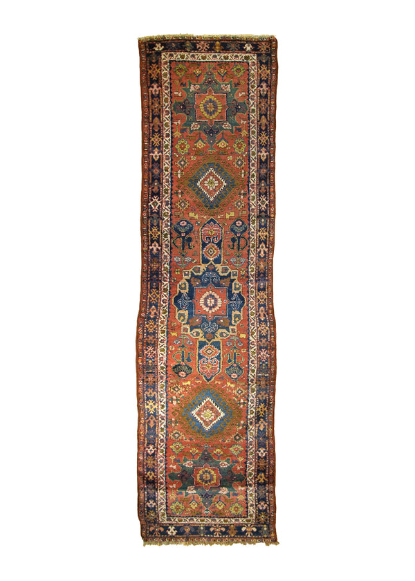 A28374 Persian Rug Gharajeh Handmade Runner Tribal Antique 3'0'' x 10'11'' -3x11- Pink Blue Geometric Design
