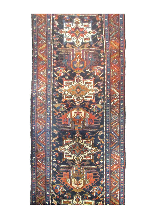 A28376 Persian Rug Gharajeh Handmade Runner Tribal Antique 3'1'' x 18'11'' -3x19- Blue Red Whites Beige Geometric Design