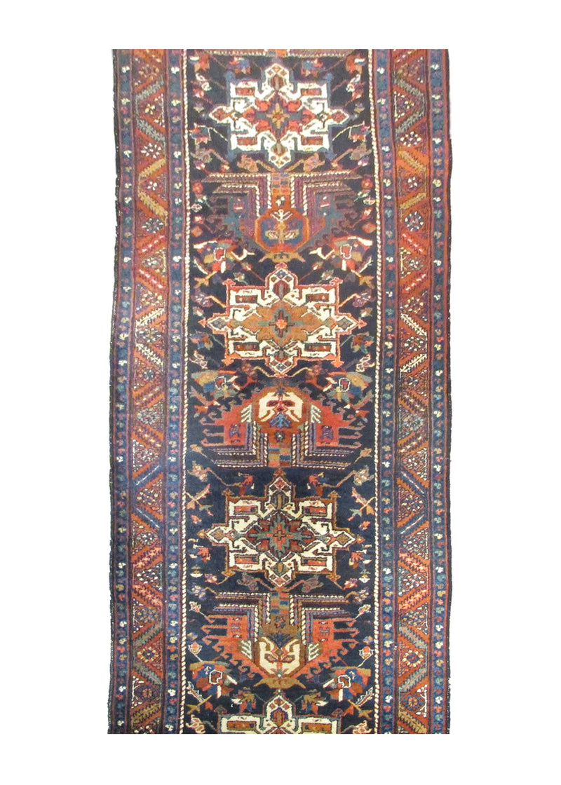 A28376 Persian Rug Gharajeh Handmade Runner Tribal Antique 3'1'' x 18'11'' -3x19- Blue Red Whites Beige Geometric Design