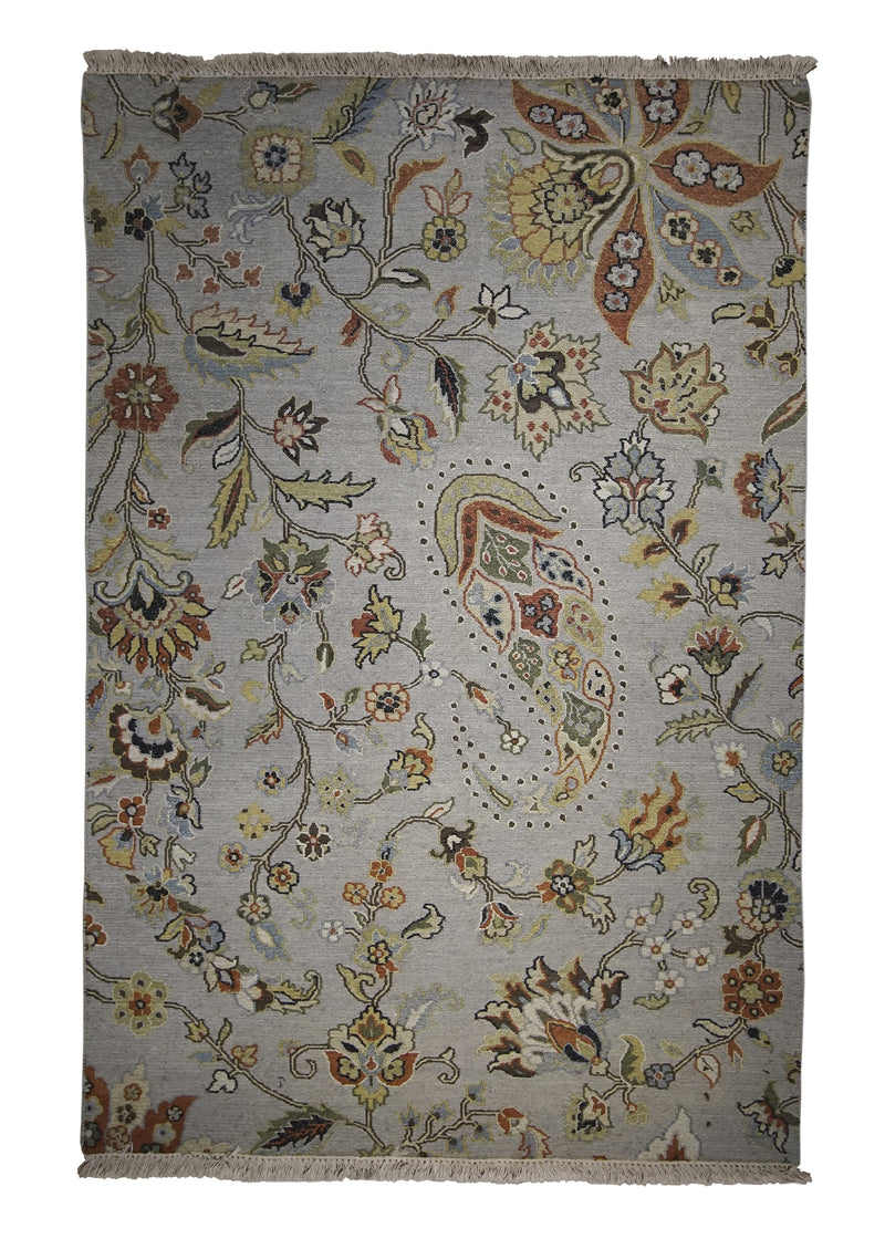 A28420 Oriental Rug Indian Handmade Area Transitional 3'10'' x 5'10'' -4x6- Whites Beige Green Floral Design