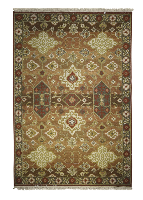 A28463 Oriental Rug Indian Handmade Area Transitional 3'9'' x 5'11'' -4x6- Red Green Geometric Design
