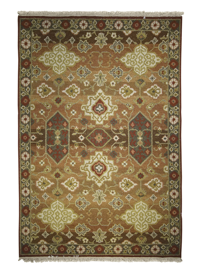 A28463 Oriental Rug Indian Handmade Area Transitional 3'9'' x 5'11'' -4x6- Red Green Geometric Design