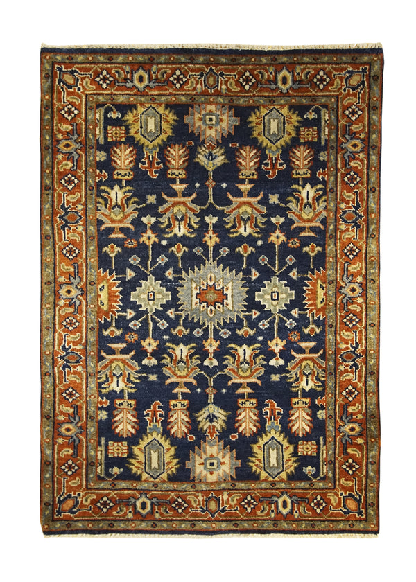 A28474 Oriental Rug Indian Handmade Area Transitional 4'1'' x 6'0'' -4x6- Blue Red Floral Design