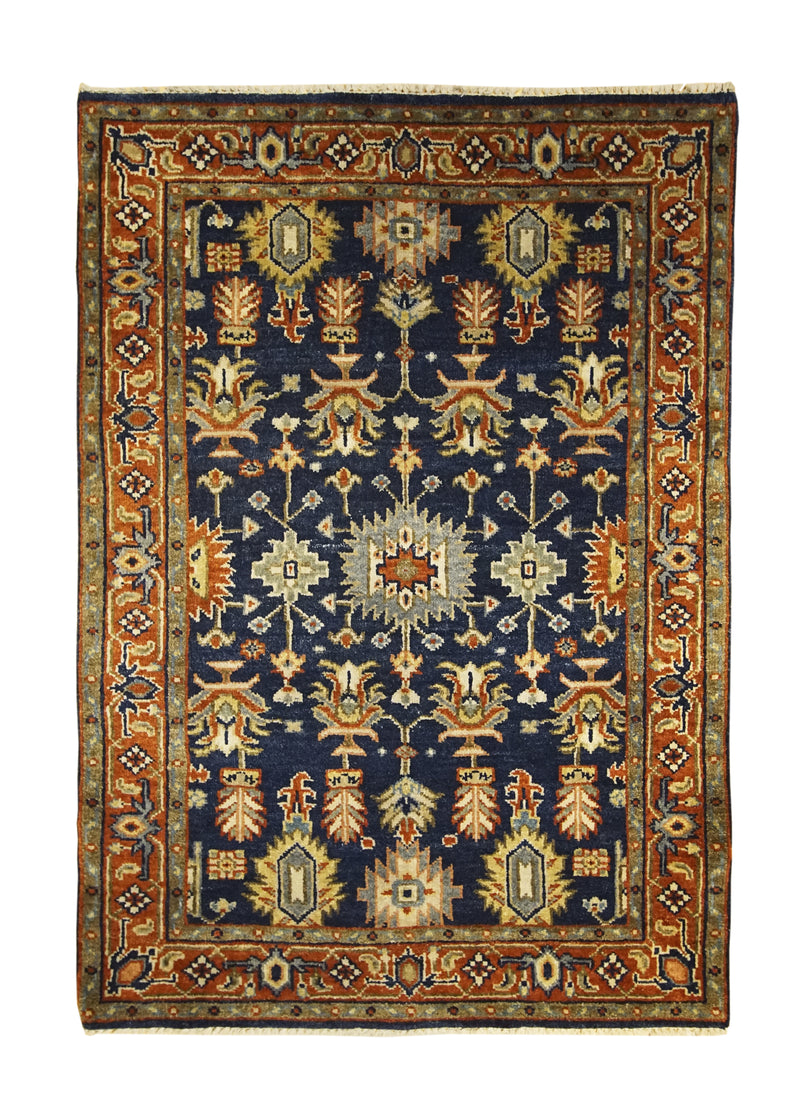 A28474 Oriental Rug Indian Handmade Area Transitional 4'1'' x 6'0'' -4x6- Blue Red Floral Design