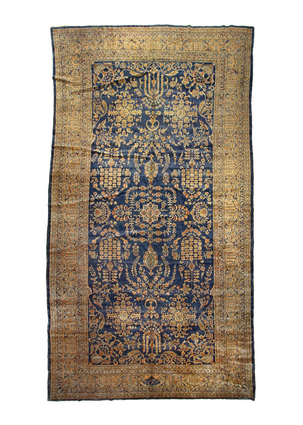 A28481 Persian Rug Kashan Handmade Area Antique Traditional 11'4'' x 21'0'' -11x21- Blue Orange Floral Design