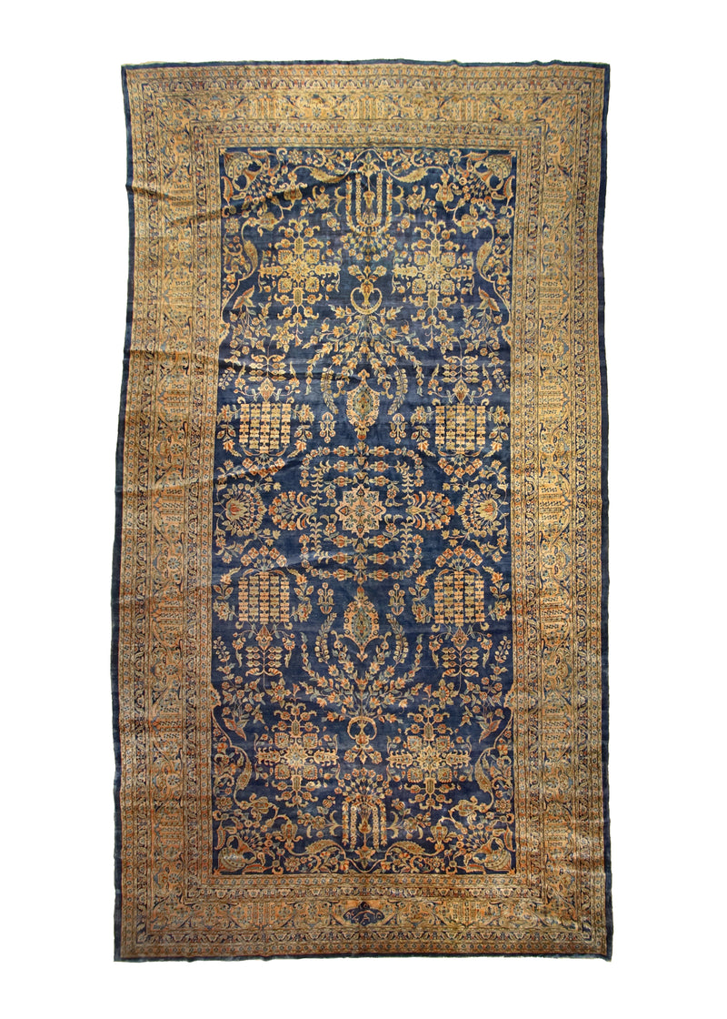 A28481 Persian Rug Kashan Handmade Area Antique Traditional 11'4'' x 21'0'' -11x21- Blue Orange Floral Design
