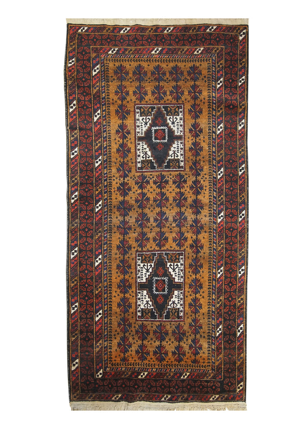 A28494 Persian Rug Baloch Handmade Area Tribal 3'7'' x 7'0'' -4x7- Red Yellow Gold Geometric Design