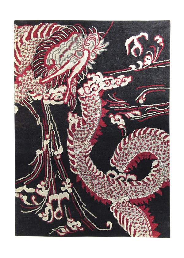 A28598 Oriental Rug Indian Handmade Area Transitional 4'10'' x 6'9'' -5x7- Black Red Geometric Pictorial Design