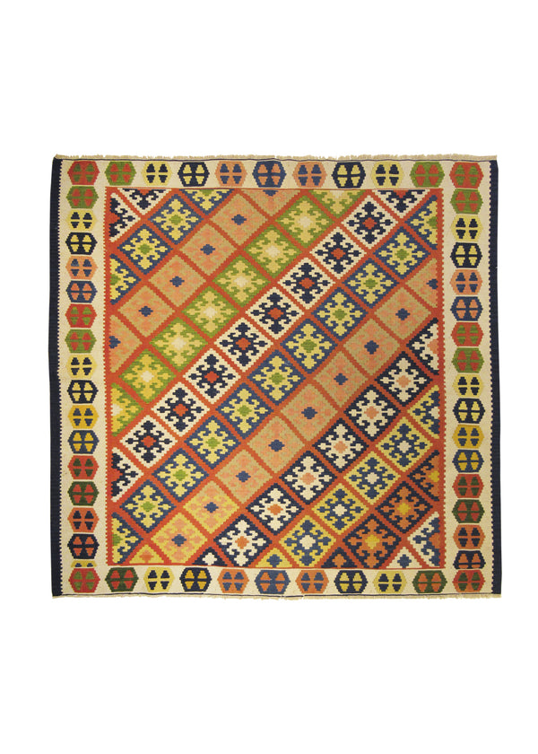A28608 Persian Rug Shiraz Handmade Square Tribal 6'6'' x 6'7'' -7x7- Multi-color Green Kilim Geometric Design