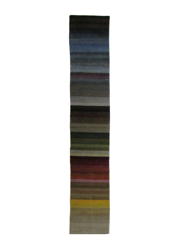 A28633 Oriental Rug Indian Handmade Runner Modern 0'12'' x 11'10'' -1x12- Multi-color Stripes Design