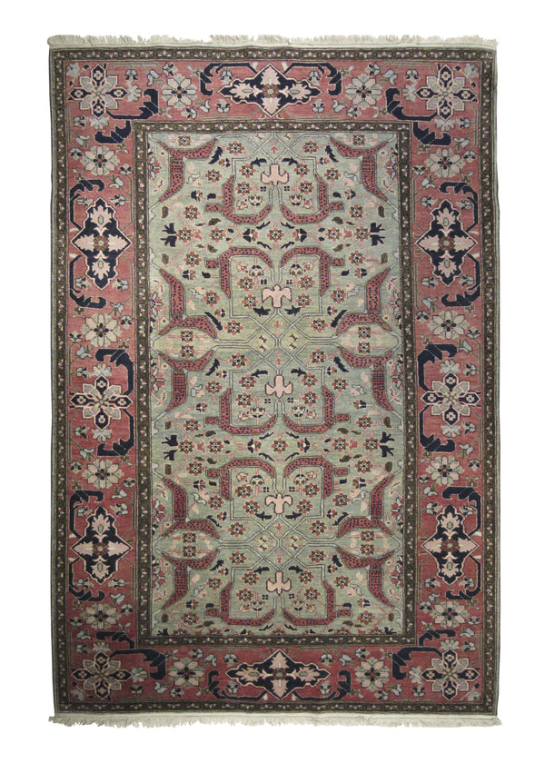 A28656 Oriental Rug Turkish Handmade Area Tribal 5'11'' x 8'9'' -6x9- Green Pink Geometric Design