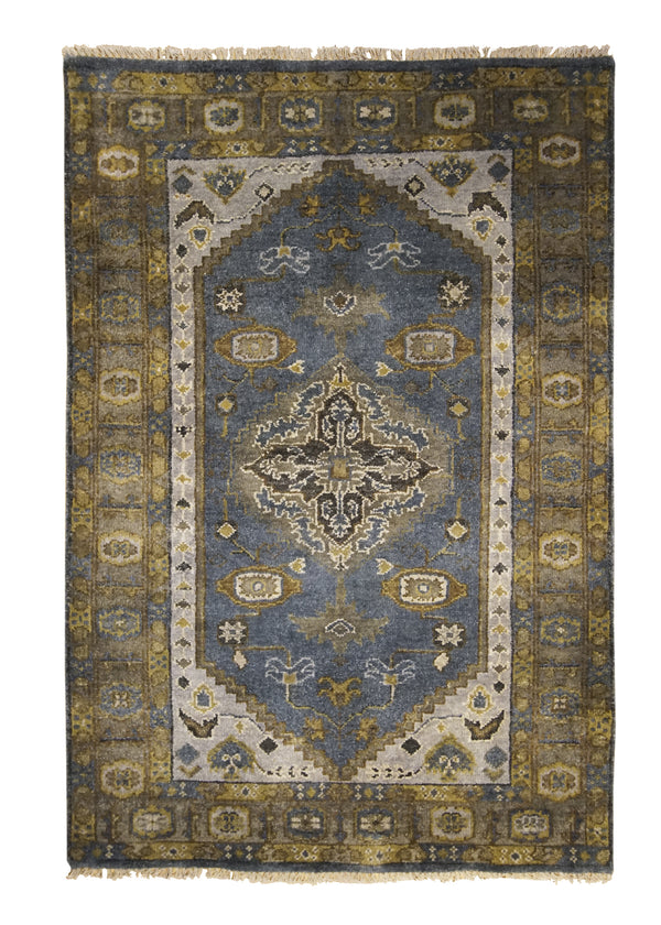 A28730 Oriental Rug Indian Handmade Area Transitional Tribal 4'0'' x 6'0'' -4x6- Blue Yellow Gold Geometric Heriz Design