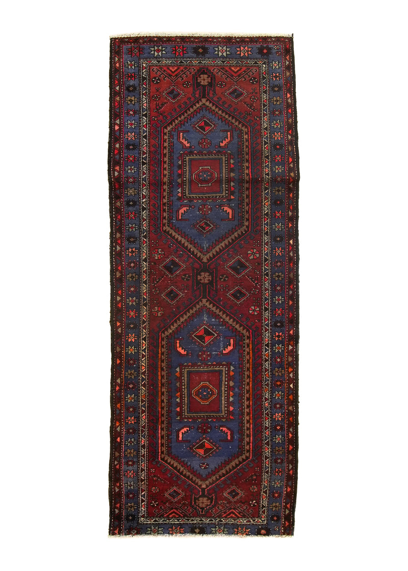 A28765 Persian Rug Hamadan Handmade Runner Tribal 3'8'' x 9'10'' -4x10- Red Blue Geometric Design.jpg