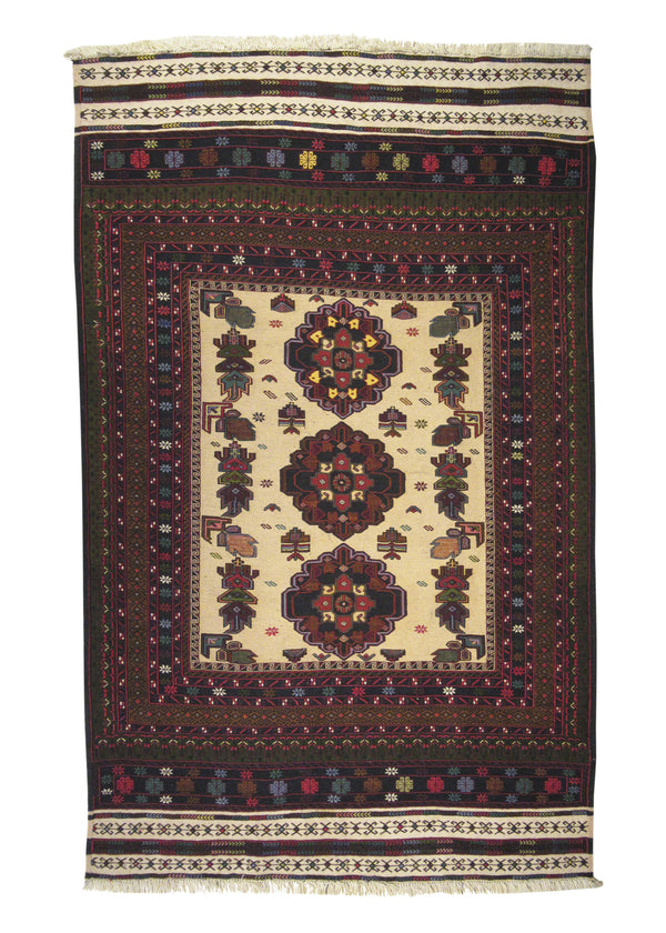 A28815 Oriental Rug Afghan Handmade Area Tribal 4'2'' x 6'10'' -4x7- Whites Beige Green Multi-color Soumak Geometric Design