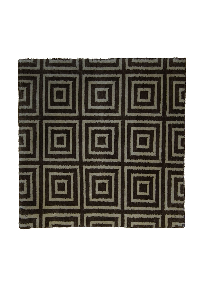 A28892 Oriental Rug Indian Handmade Square Modern 2'0'' x 2'0'' -2x2- Brown Whites Beige Checkered Geometric Design