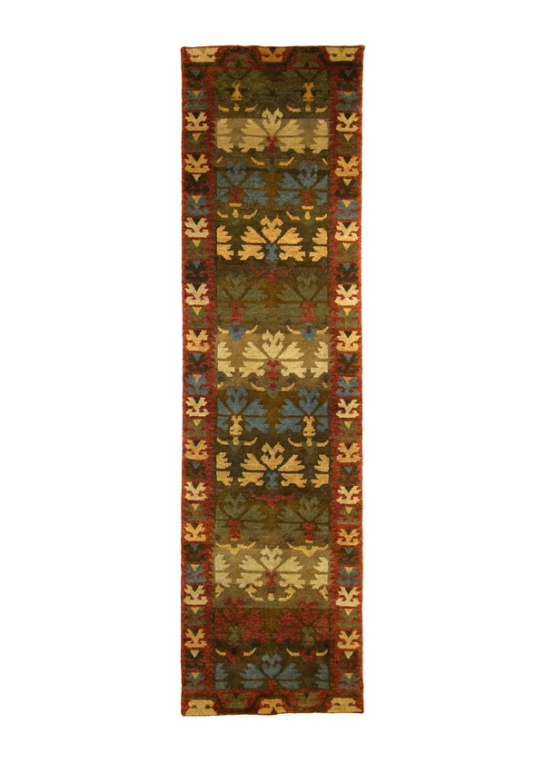 A28930 Oriental Rug Indian Handmade Runner Transitional 2'5'' x 9'9'' -2x10- Green Geometric Design
