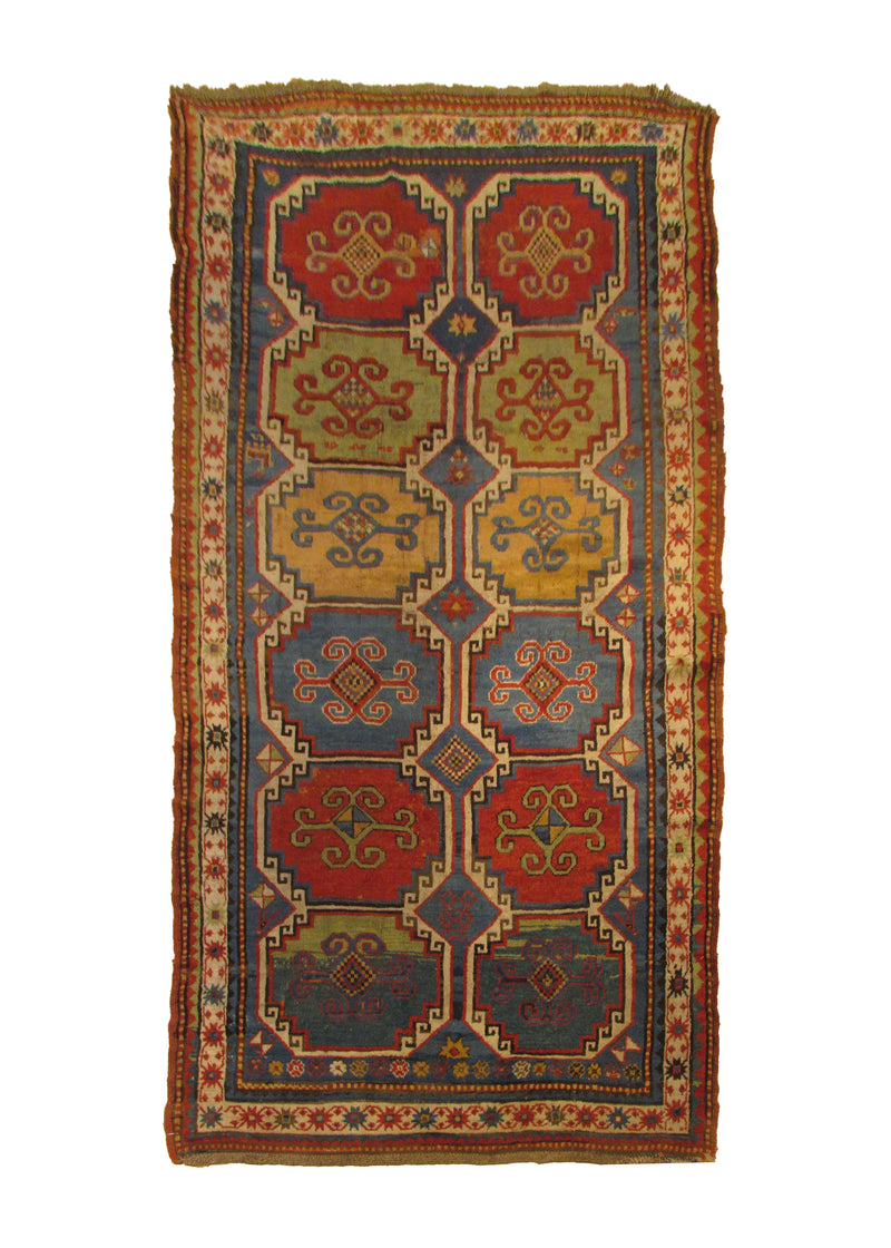 A29042 Caucasian Rug Moghan Handmade Runner Tribal Antique 4'5'' x 9'0'' -4x9- Blue Red Geometric Design