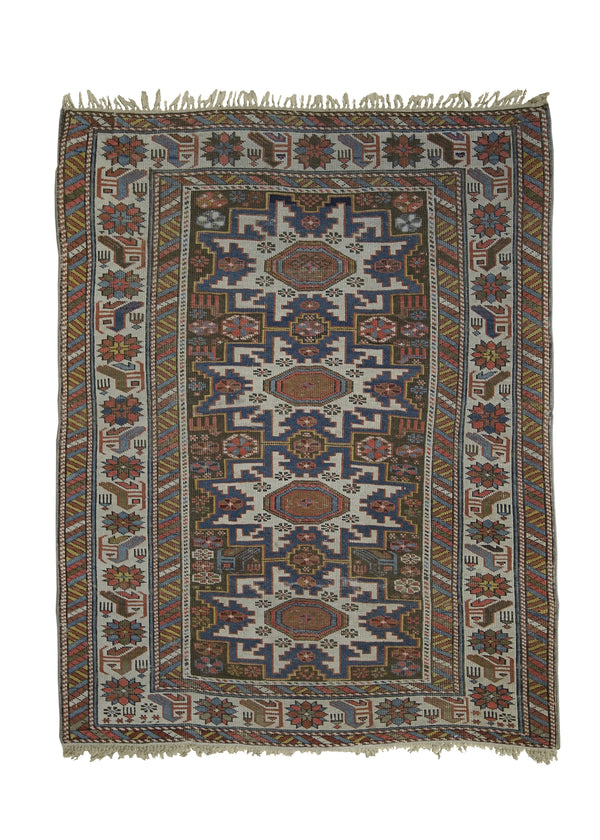 A29044 Caucasian Rug Shirvan Handmade Area Tribal Antique 3'2'' x 4'1'' -3x4- Brown Whites Beige Blue Geometric Design