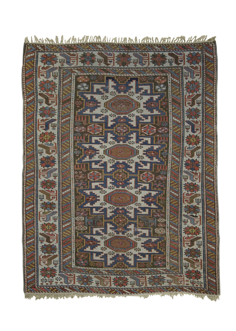 A29044 Caucasian Rug Shirvan Handmade Area Tribal Antique 3'2'' x 4'1'' -3x4- Brown Whites Beige Blue Geometric Design