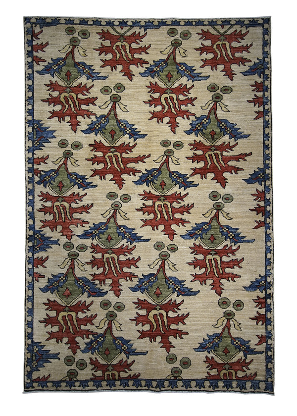 A29065 Oriental Rug Afghan Handmade Area Transitional 4'2'' x 6'3'' -4x6- Whites Beige Red Geometric Design