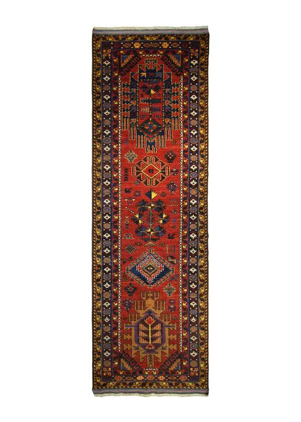 A29066 Oriental Rug Afghan Handmade Runner Transitional Tribal 3'1'' x 9'5'' -3x9- Red Yellow Gold Geometric Design