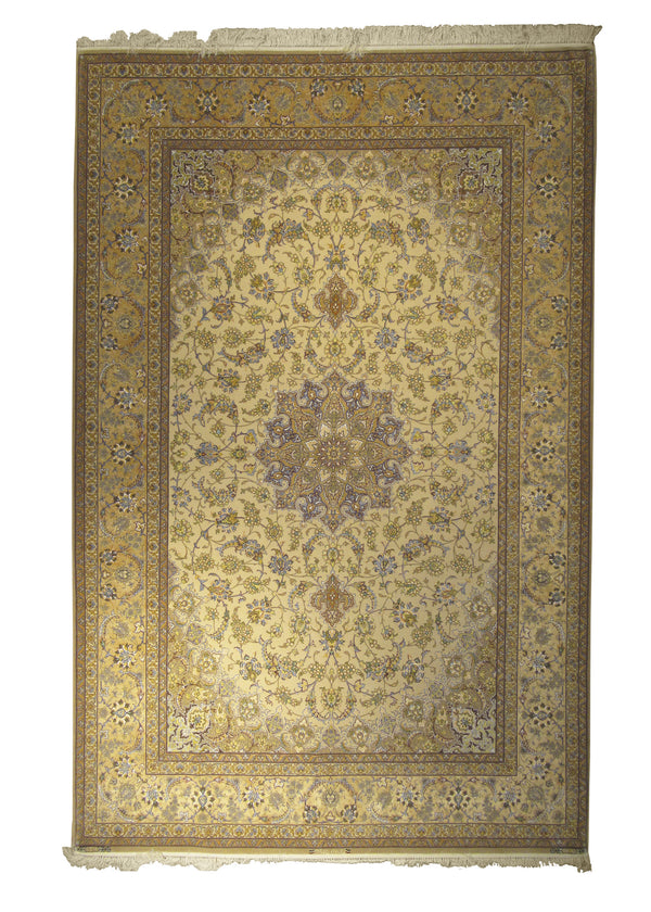 A29129 Persian Rug Isfahan Handmade Area Traditional 6'5'' x 10'1'' -6x10- Whites Beige Yellow Gold Purple Floral Design