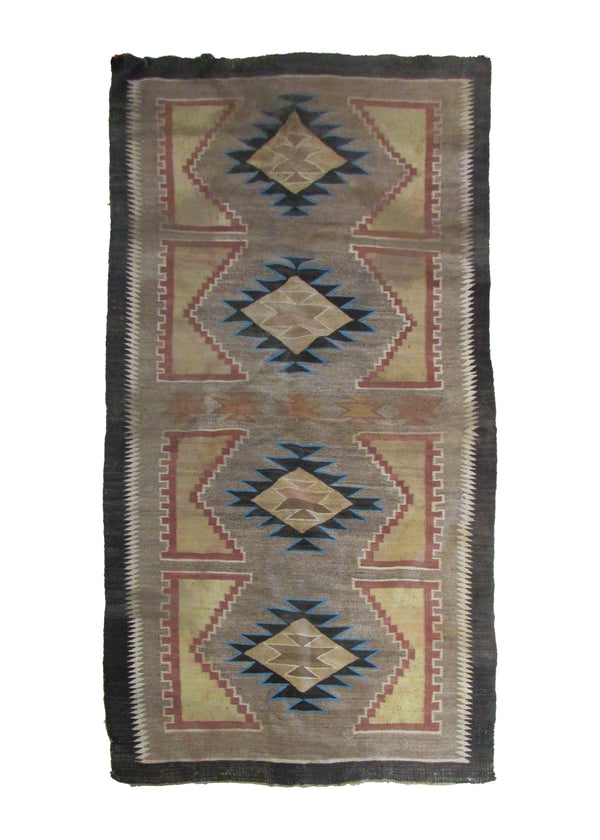 A29139 Native American Rug Navajo Handmade Area Tribal Antique 3'3'' x 6'6'' -3x7- Whites Beige Brown Blue Geometric Design